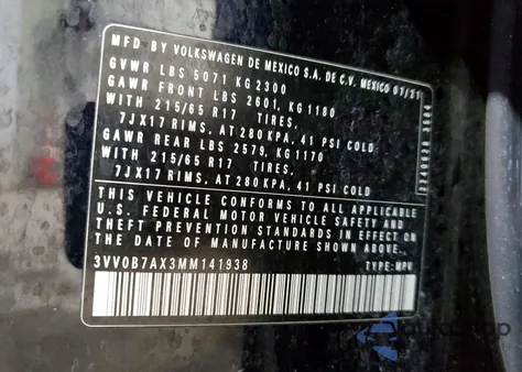 2021 Volkswagen Tiguan S z USA, uszkodzony, nr VIN 3VV0B7AX3MM141938